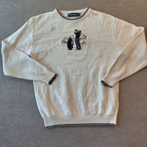 Carmel Sweater Mens Medium Cream Crew Neck Long Sleeve Embroidered‎ Golf Vintage